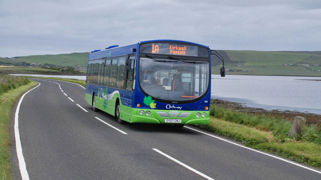 Bus driving through the Orkney Isles