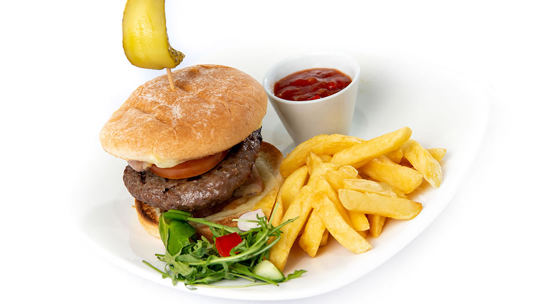 Orkney beef burger with chips and salad