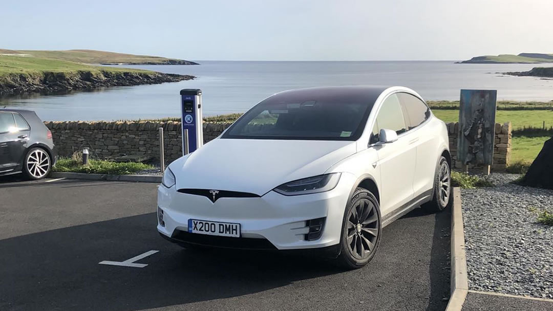 EVs in Shetland - a Tesla Model X at Hoswick