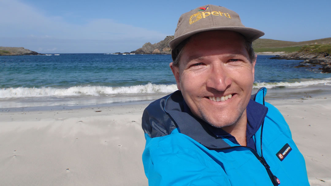 Robin enjoying the beautiful beaches of the Shetland Islands