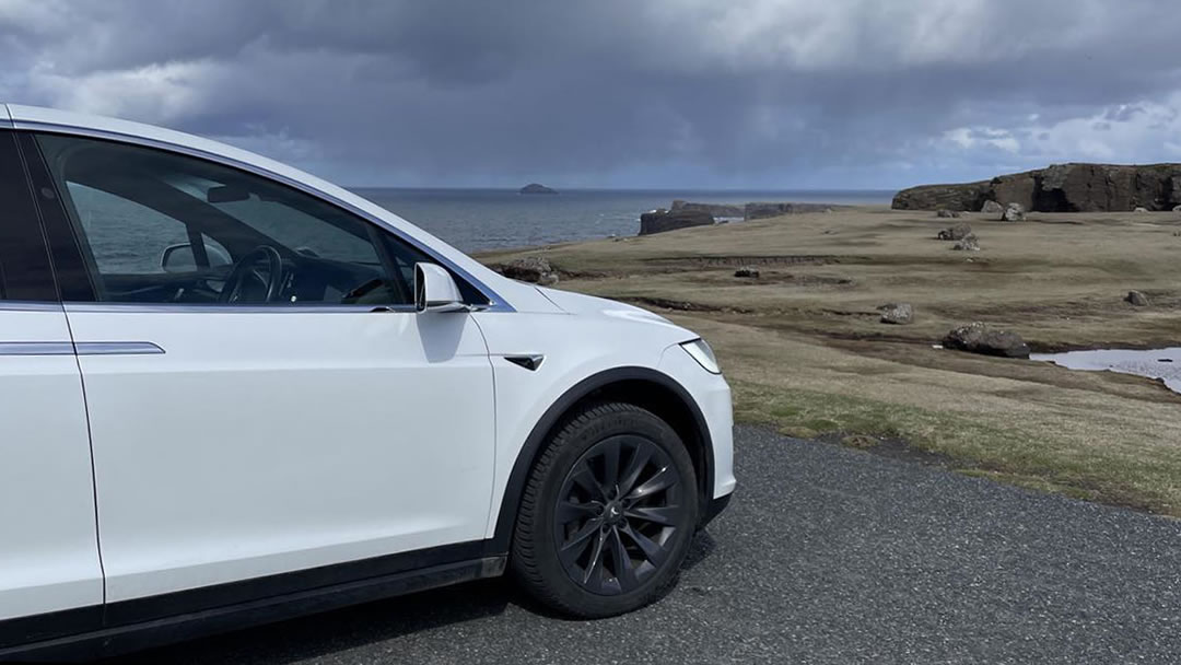 Tesla Model X at Tangwick in the Shetland Islands