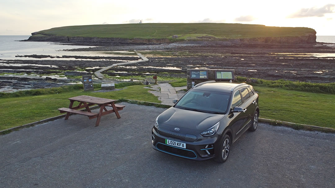 A Kia e-Niro at the Brough of Birsay in the Orkney islands