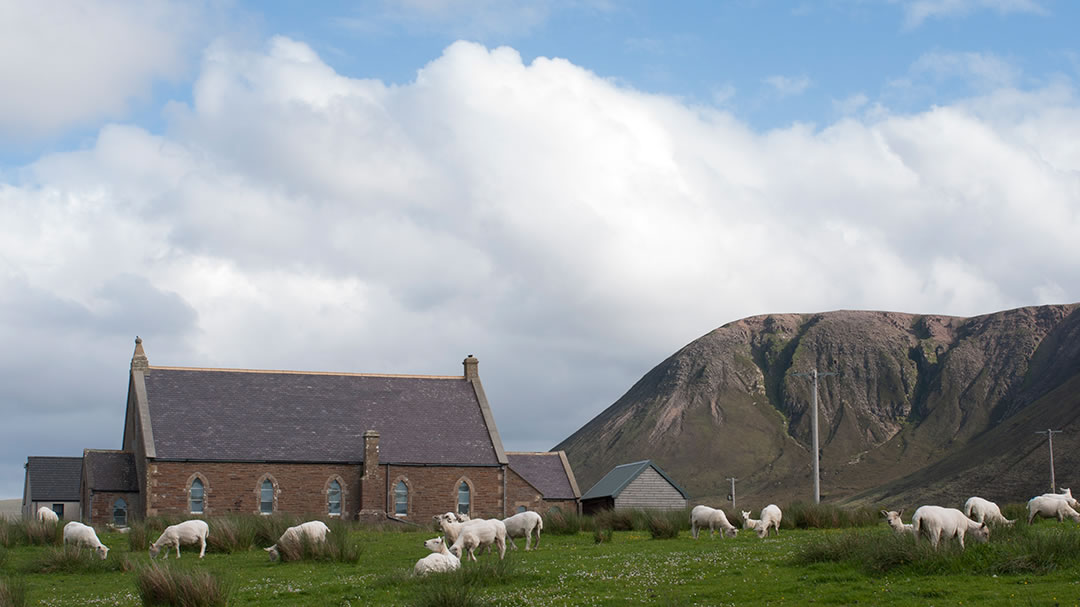 Hoy Kirk on the island of Hoy, with Ward Hill in the background