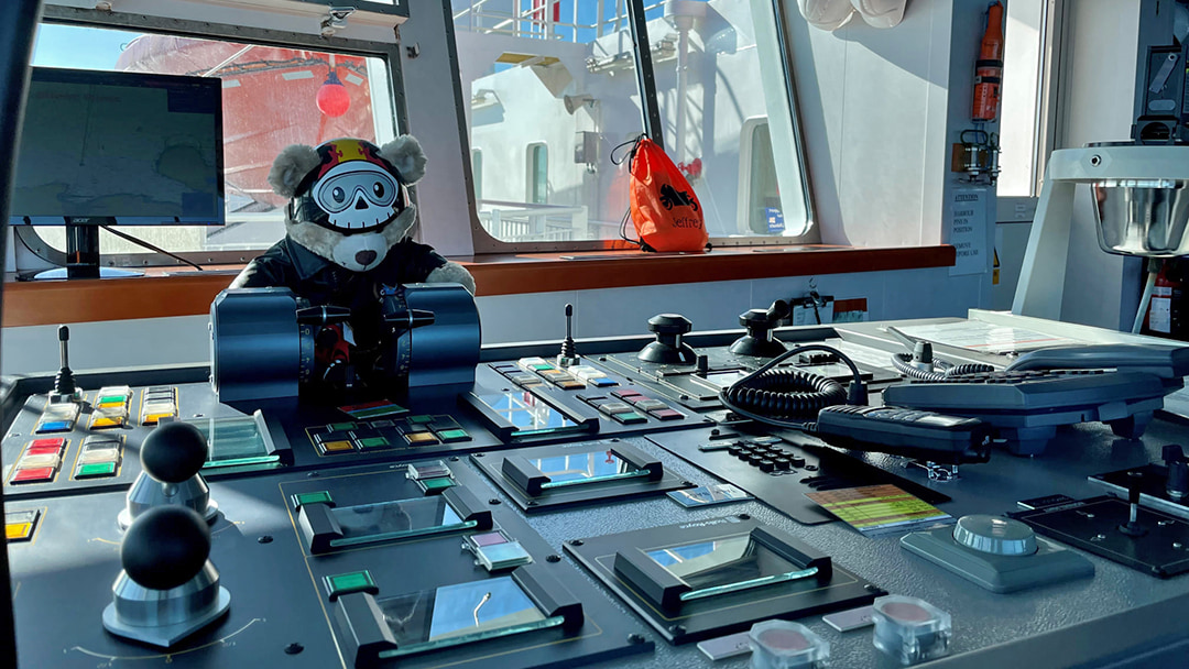 Jeffrey DaBear onboard the MV Hamnavoe on his way to Orkney