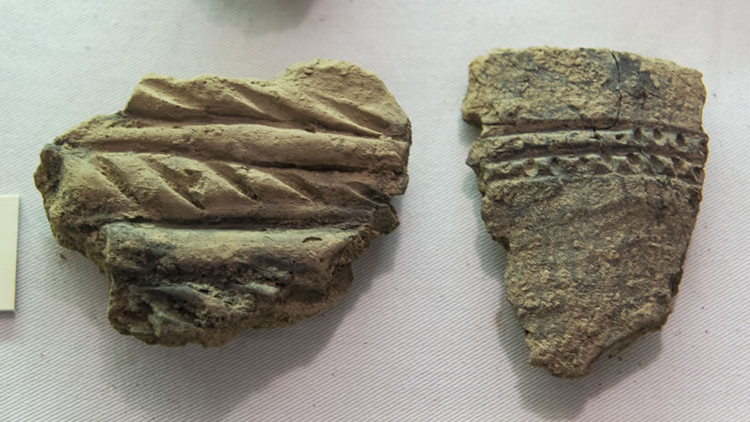 Two decorated sherds of Grooved Ware pottery from the massive assemblage discovered at the Ness – the largest collection of its kind