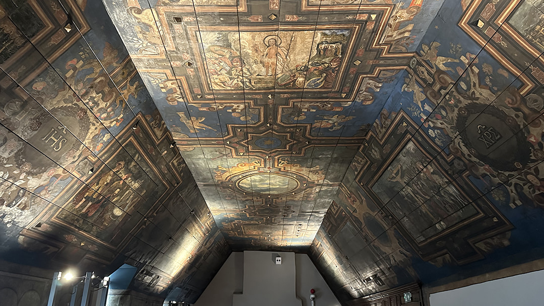 The intricately painted ceilings in the gallery