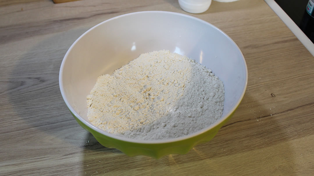 The dry ingredients for floorie bannocks with margarine rubbed in