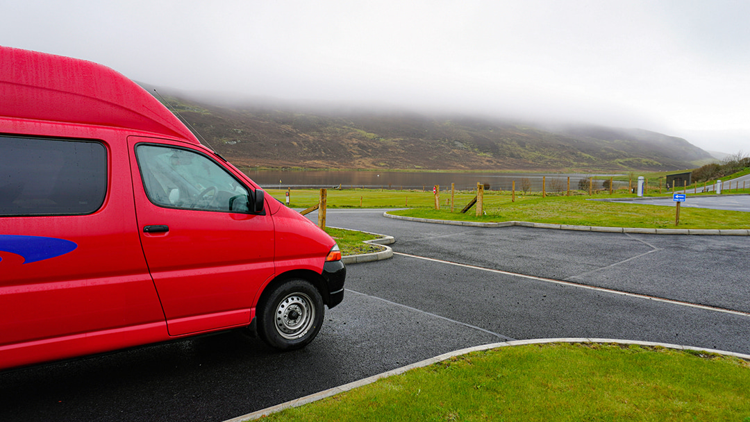 A campervan parked up at a campsite in Shetland