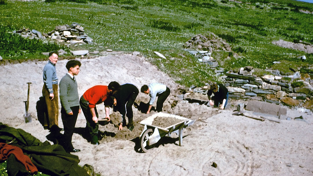 Digging the site at St Ninian's Isle with Prof O'Dell on the far left