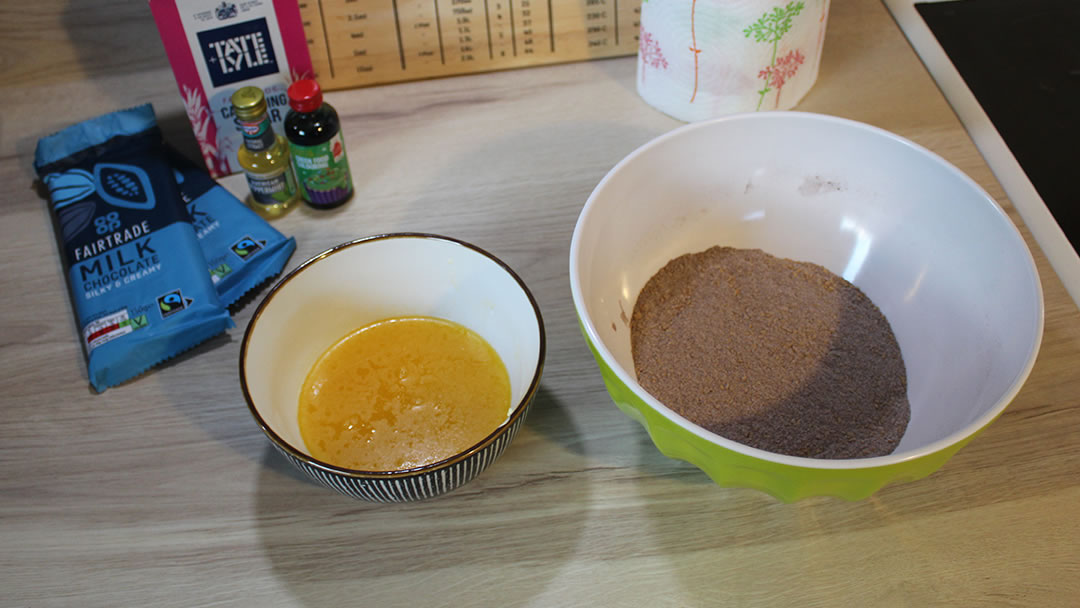 Dry ingredients and marg for making mint chocolate slice