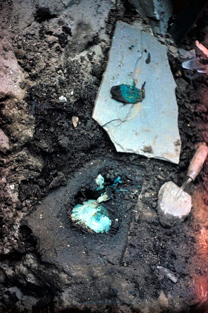 The St Ninian's Isle treasure as found in 1958, containing bowls, spoons, and brooches