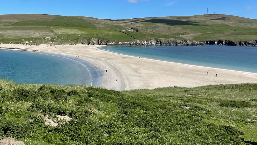 The sand tombolo at St Ninian's Isle in Shetland