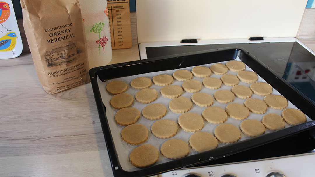 Shortbread rounds on a baking tray ready for the oven