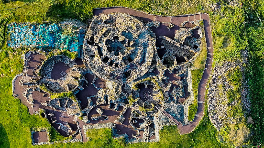 Old Scatness, a Iron Age broch and village in the South Mainland, pictured from above