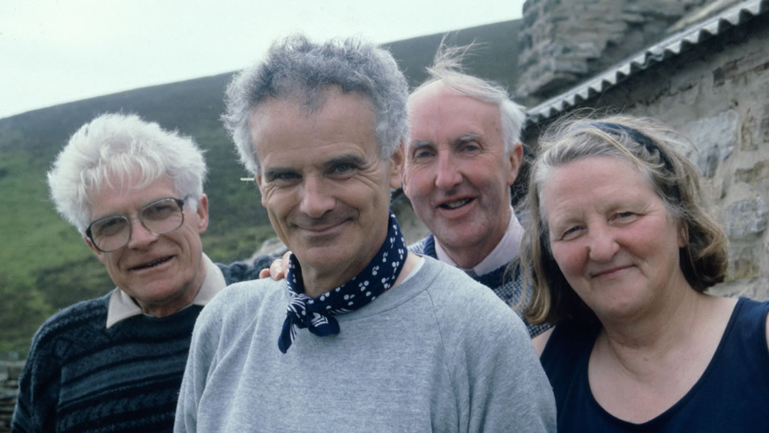 Peter Maxwell Davies with friends, Archie Bevan, Jack Rendall and Elizabeth Bevan in Rackwick