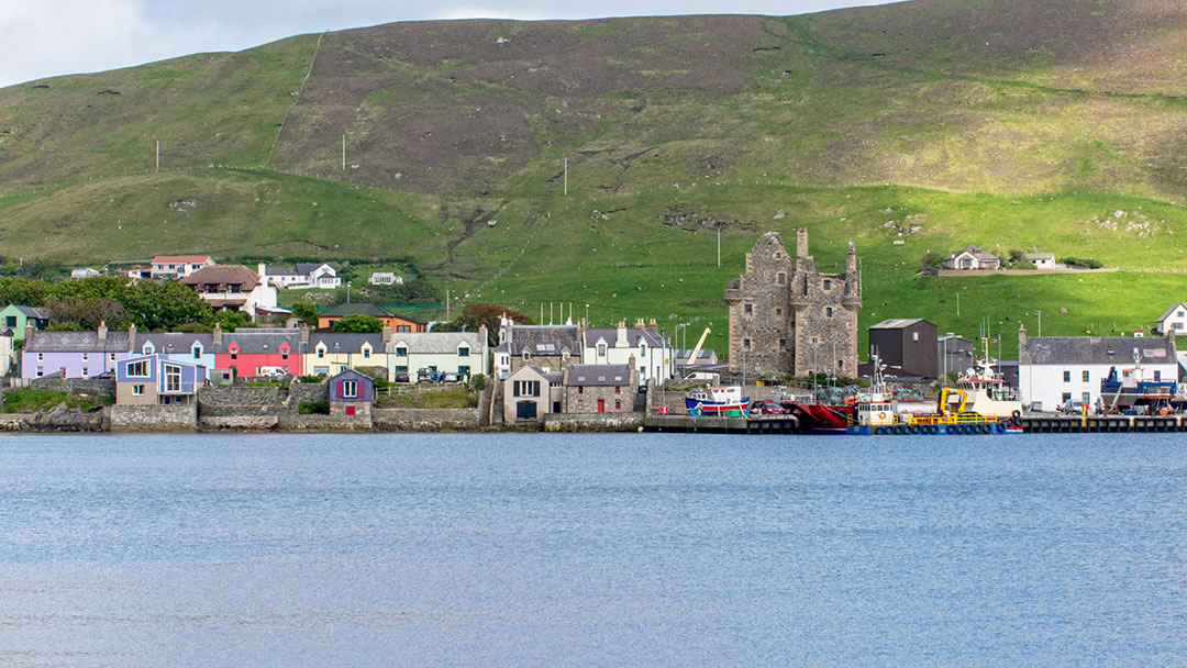 Scalloway waterfront is dominated by Scalloway Castle
