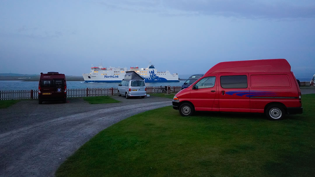 MV Hamnavoe passes the Point of Ness Campsite on its journey to Stromness