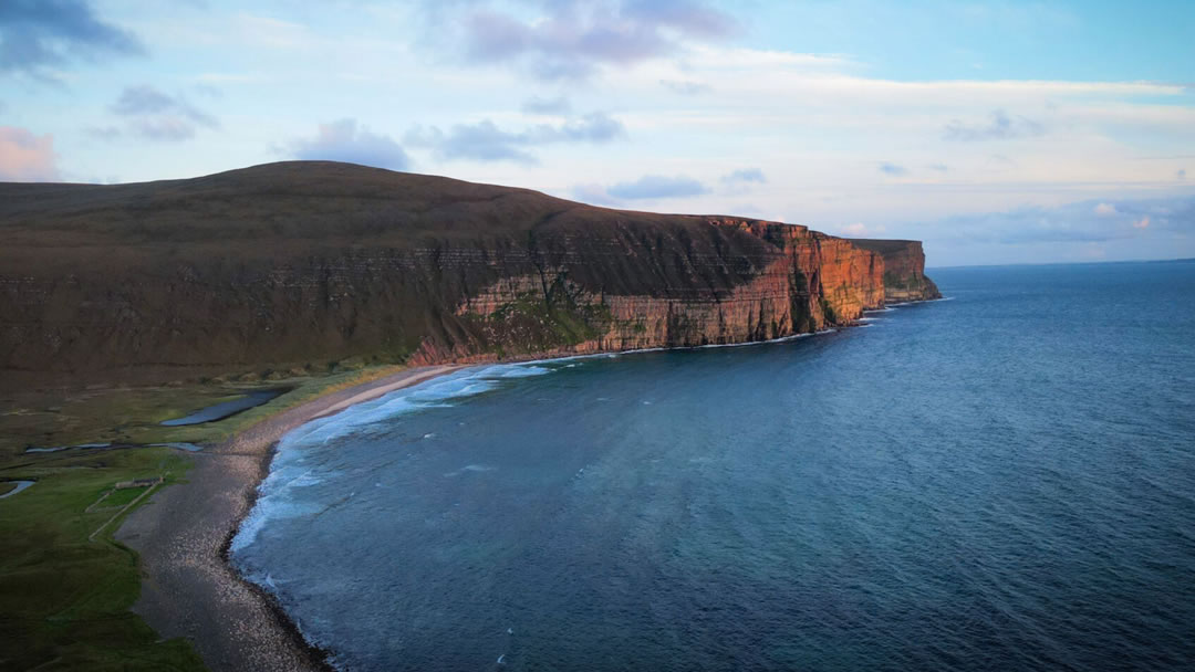 Rackwick beach, the steep slopes of Mel Fea and the sea cliffs of Hoy