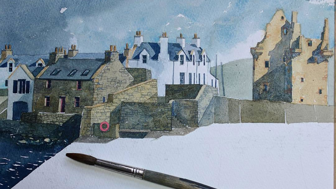 A watercolour painting of Scalloway waterfront