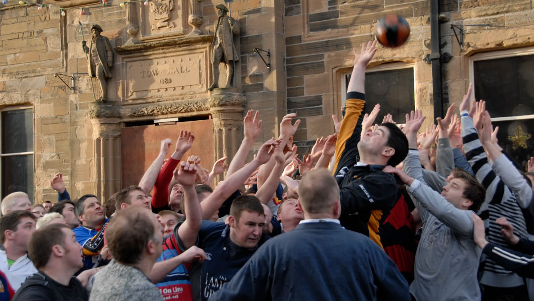 Jumping to receive the Ba' in front of the Kirkwall Town Hall, New Year 2009