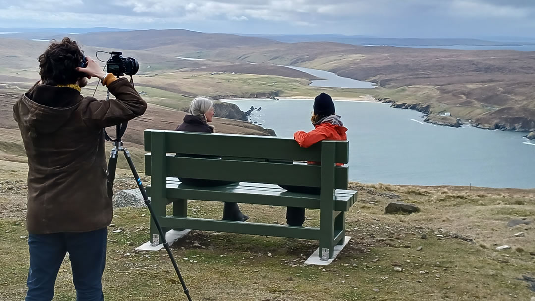 Catriona Waddington (chair) and Kate Humble at the top of Saxa Vord, Unst
