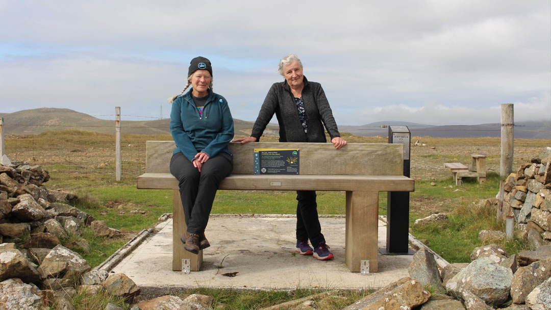 Catriona Waddington (chair, left), Jane Macaulay (secretary, right) and a Sky Stop at the top of the Keen of Hamar, Unst