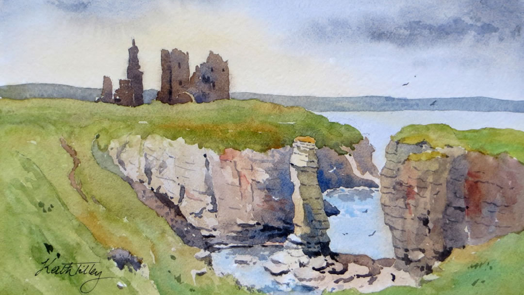 Keith Tilley Rock Stack at Castle Sinclair - watercolour