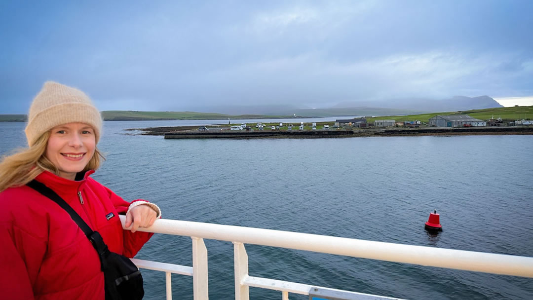 Ruth Aisling arriving in Orkney, with the Point of Ness camp site in view
