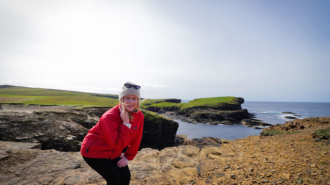 Ruth at the Yesnaby cliffs in Orkney