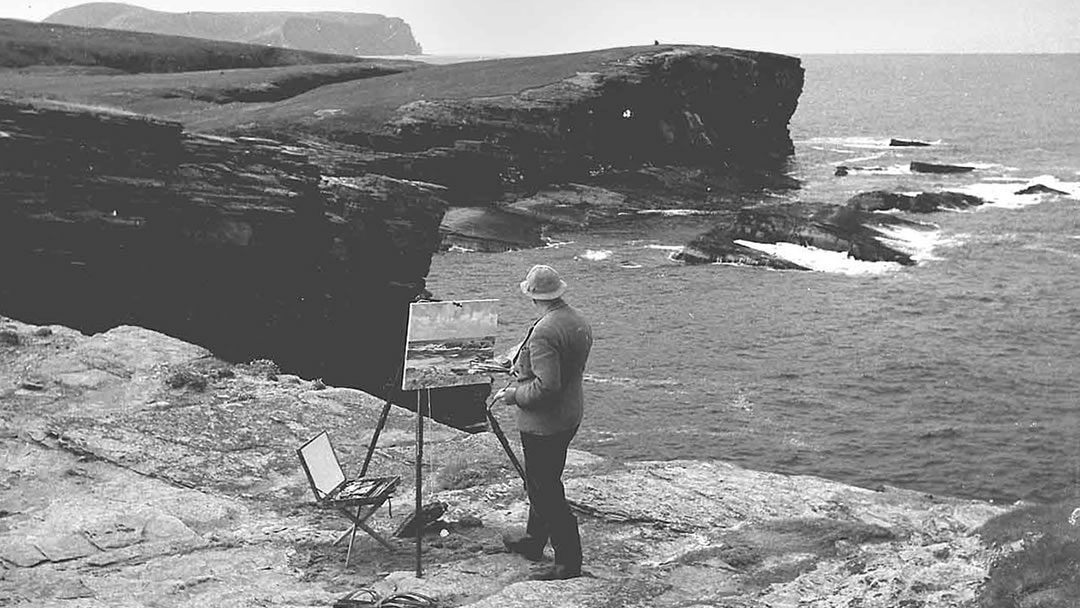 Artist Stanley Cursiter painting at Yesnaby on Orkney's west coast, c.1960s