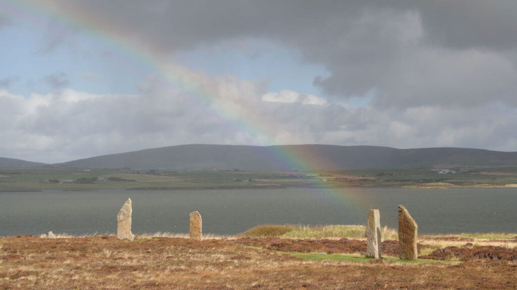 A rainbow over the Ring of Brodgar in autumn