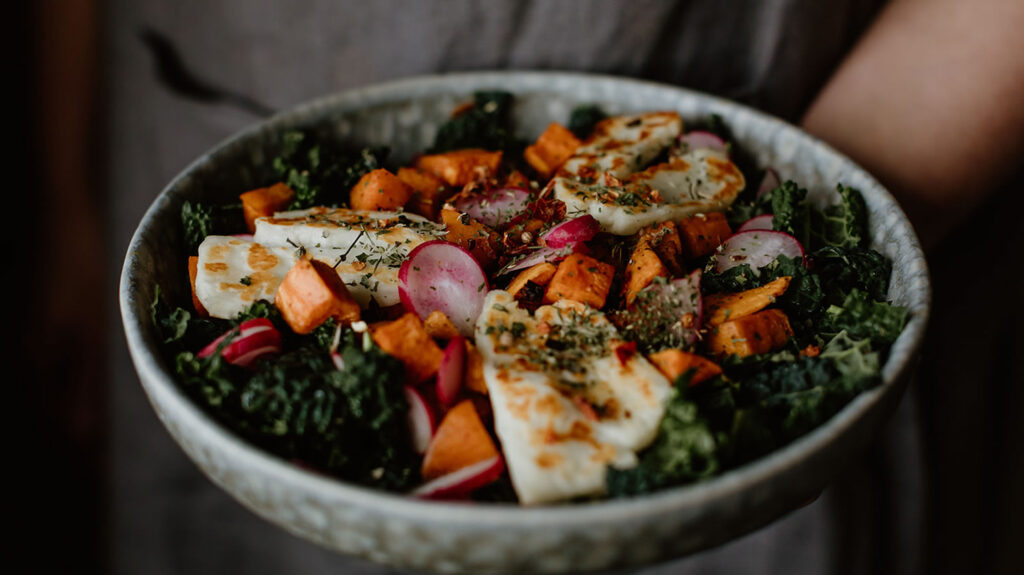 Warm Cavolo Nero Sweet Potato and Halloumi Salad