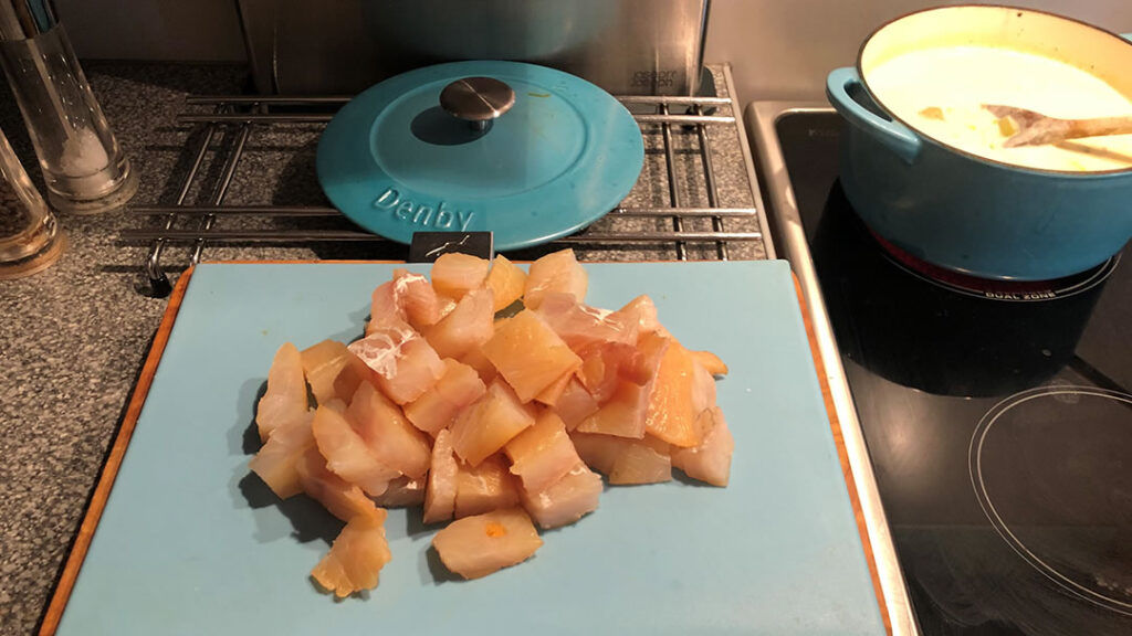 Smoked haddock diced into bite-sized pieces