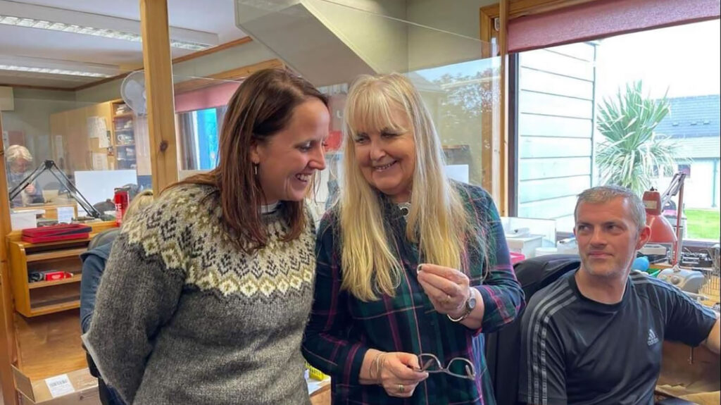 Laurie Goodlad and Sheila Fleet enjoy a yarn in Sheila's workshop
