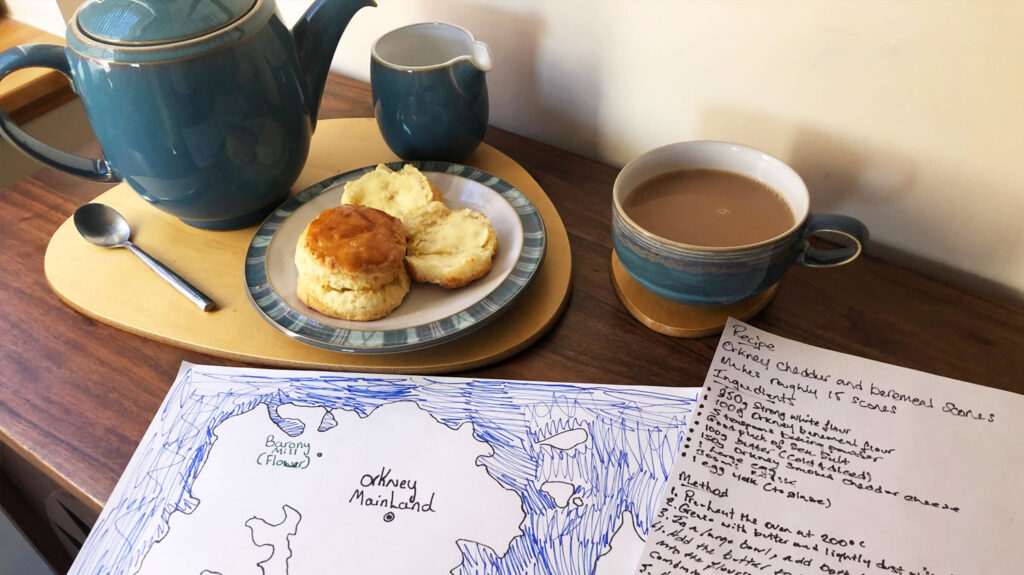 Orkney Cheddar Beremeal Scones with coffee