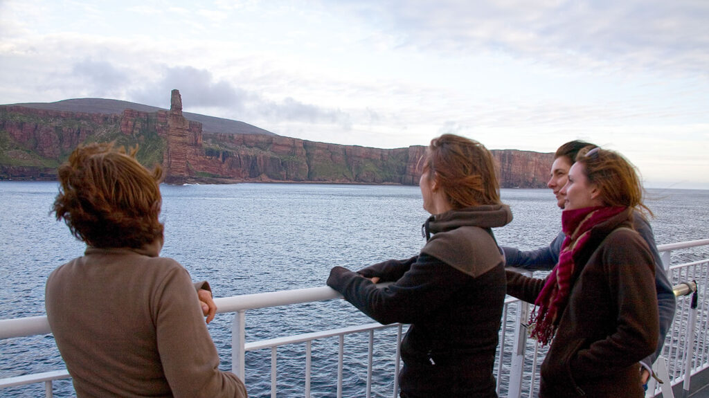 Viewing the Old Man of Hoy from the outside deck of MV Hamnavoe on the sailing to Orkney
