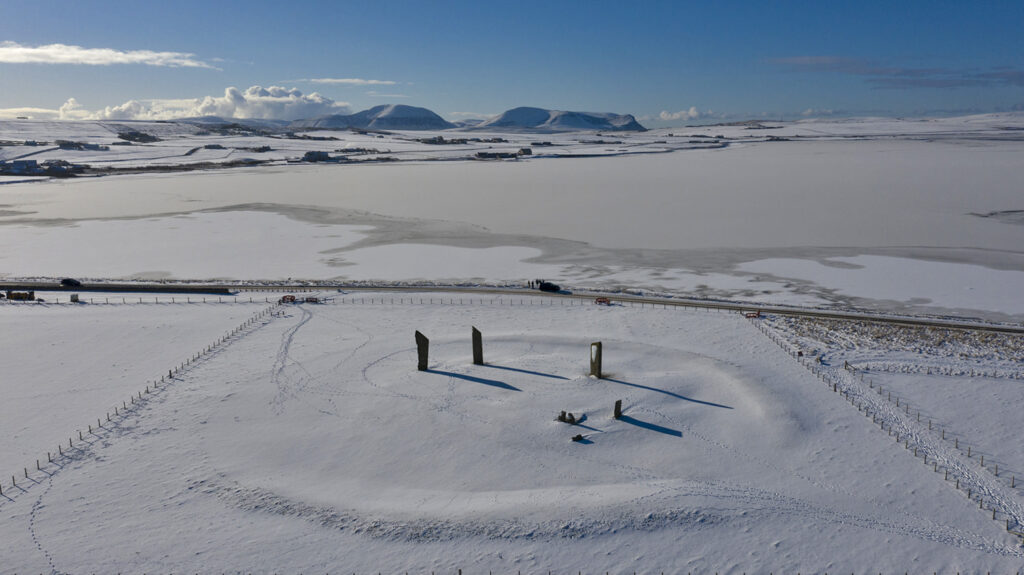 The Standing Stones of Stenness covered in snow