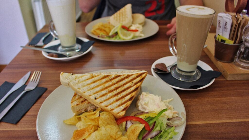 Enjoying lunch and a coffee in Aberdeen