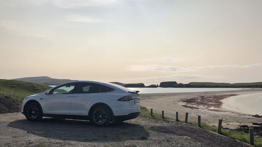 EVs in Shetland - a Tesla Model X at Bigton