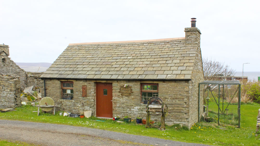 Outside Betty’s Reading Room in Tingwall