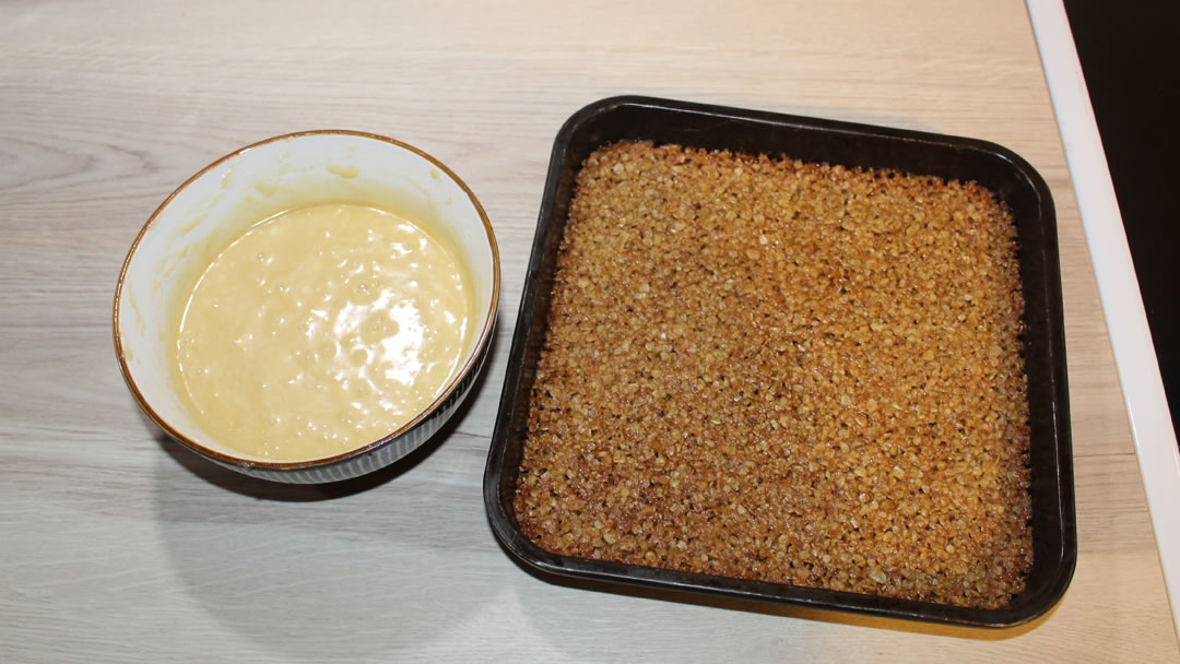 The baked base and the icing ready to be spread across the top