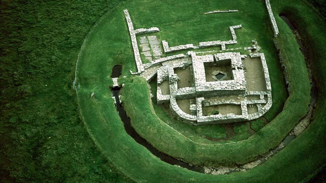 Cubbie Roo's Castle from the air, Wyre, Orkney