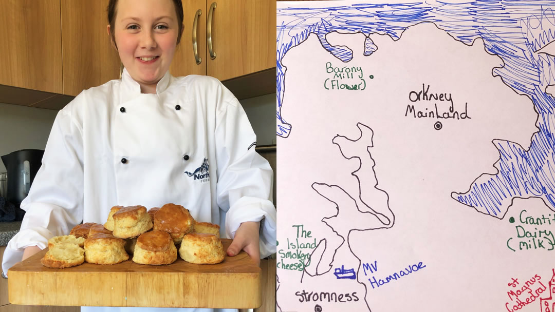 Eva, her scones and a map of Orkney showing where the ingredients come from