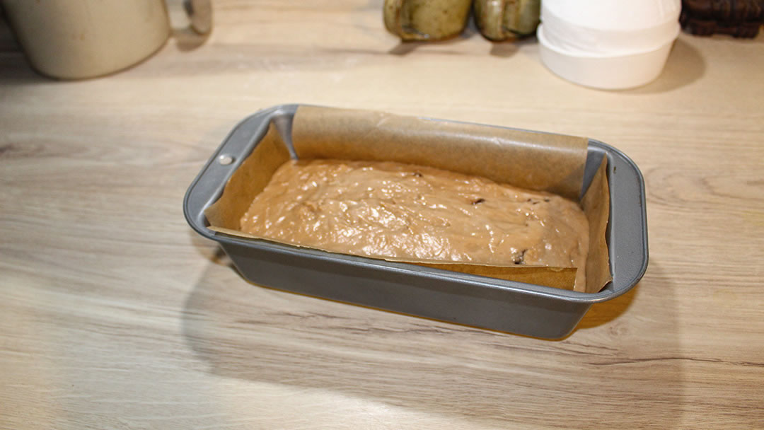 Ovaltine Loaf mixture in a loaf tin