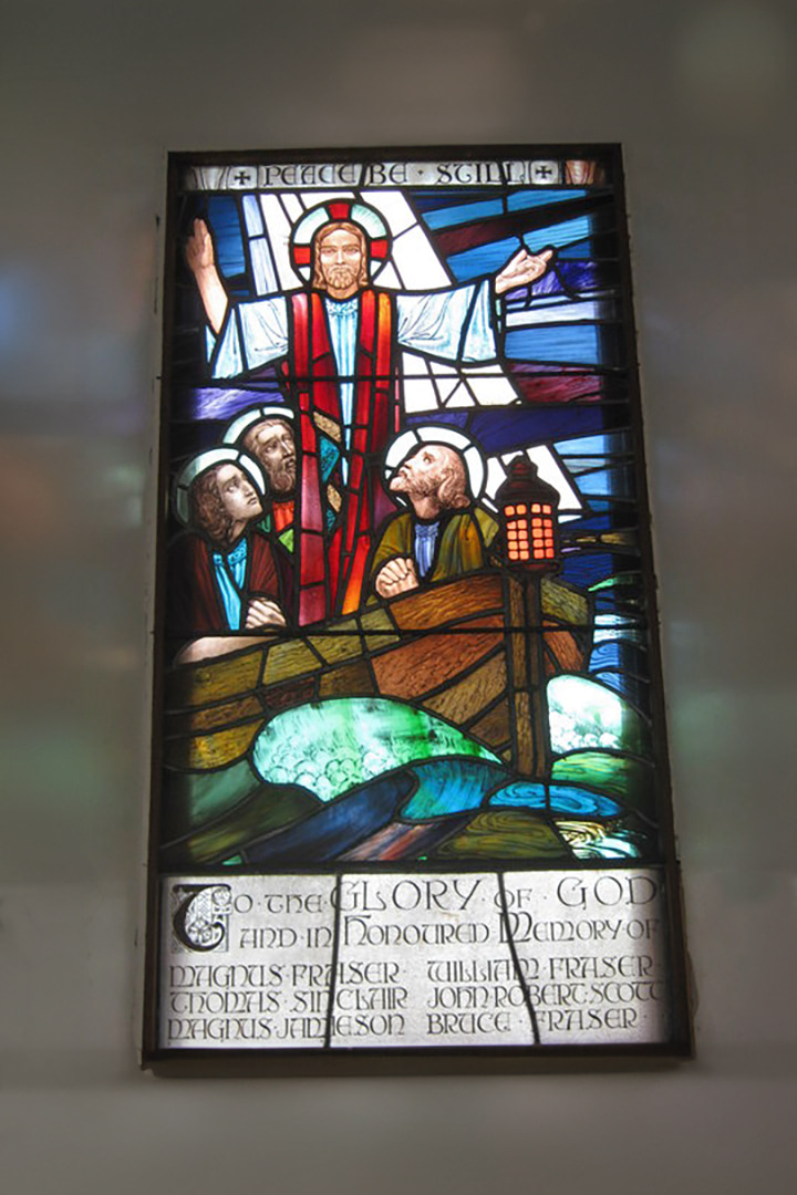 Stained glass window in Papa Stour Kirk