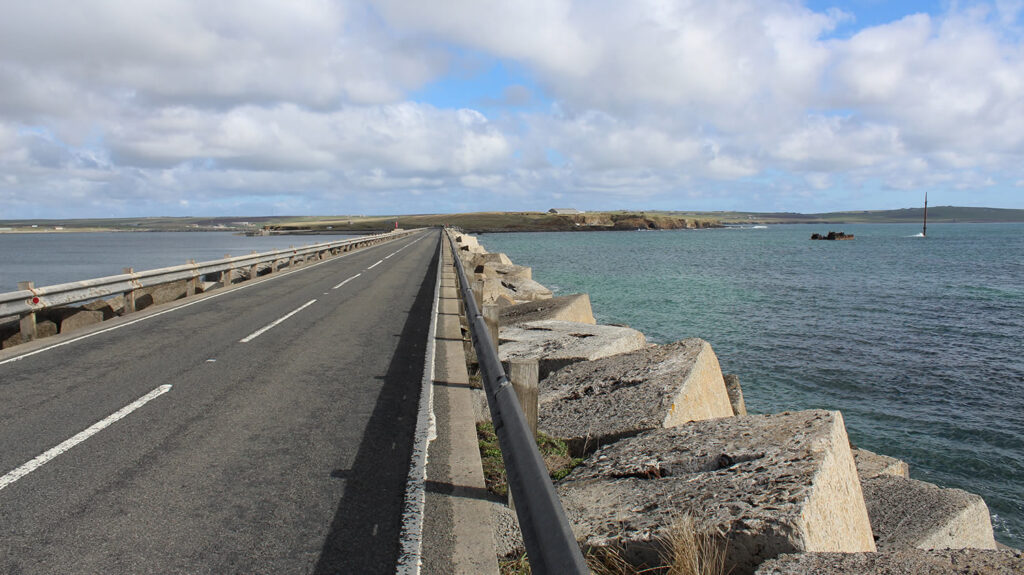 The Churchill Barriers in Orkney, looking towards Lamb Holm from Glimps Holm