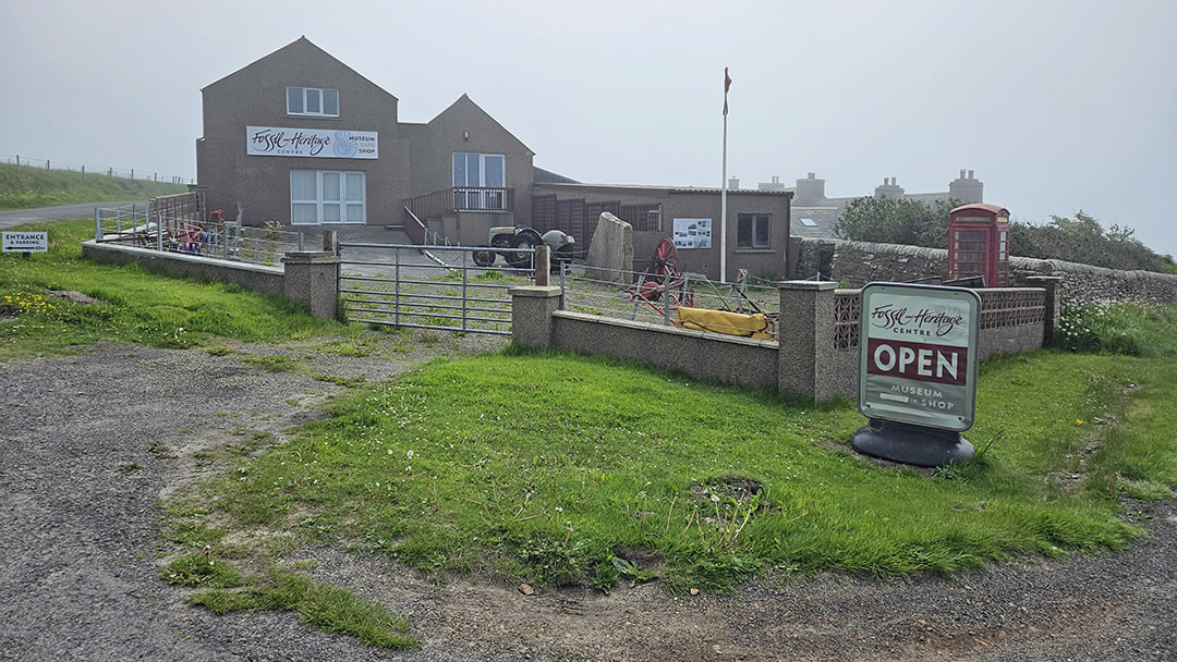 The Orkney Fossil and Heritage Centre on a foggy day in Burray