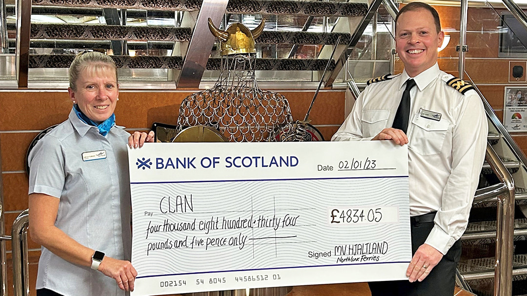 Kathryn Fullerton and Captain Sean Smith on board MV Hjaltland who raised over £4,800 for Clan Cancer Support