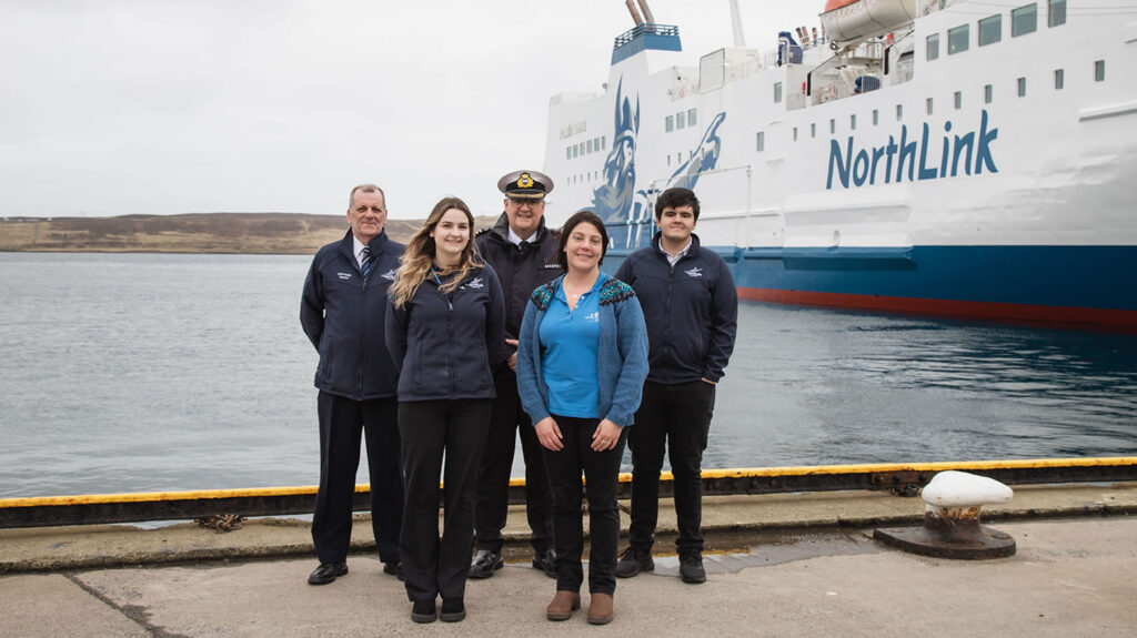 From left to right: John Daly, Jessica Irvine, Captain Andy O’Brian, Shetland Tall Ships project manager Emma Miller and Lonnie Paton