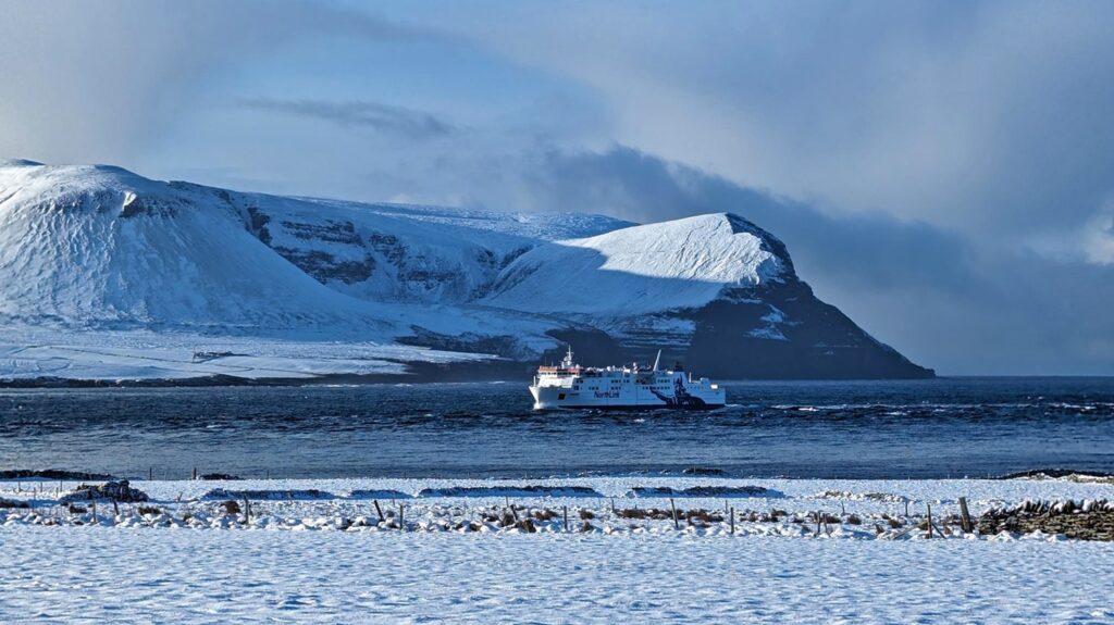 The MV Hamnavoe approaching Stromness on a wintery morning